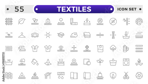 Textiles outline icon. Fabric features line icon set. Fabric, textile material, cotton, leather, silk, synthetics, wool, bamboo, waterproof, windproof and others. Outline vector icon in linear style.