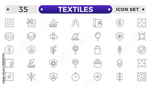 Textiles outline icon. Fabric features line icon set. Fabric, textile material, cotton, leather, silk, synthetics, wool, bamboo, waterproof, windproof and others. Outline vector icon in linear style.