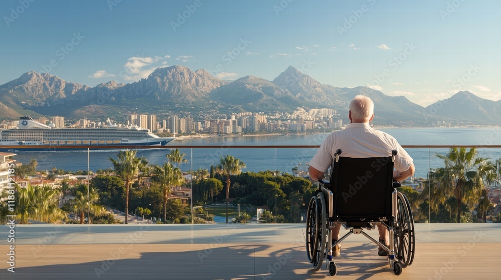 Fototapeta premium Senior Man in Wheelchair Enjoying Scenic View of Mountains and Ocean at Sunset