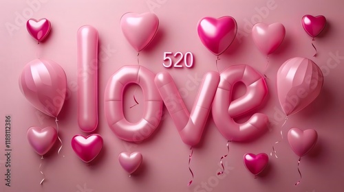 Pink love balloons, 520 date, hearts, background.