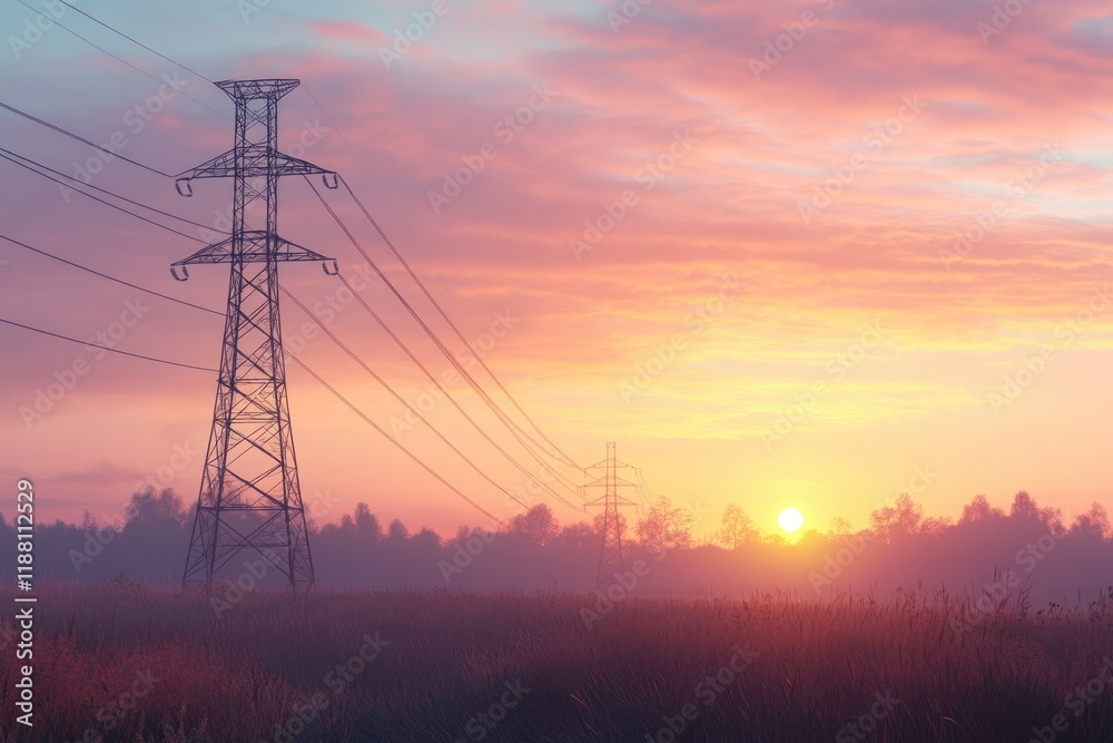 Pylon and transmission power line in sunset Pylon and transmission power line in sunset