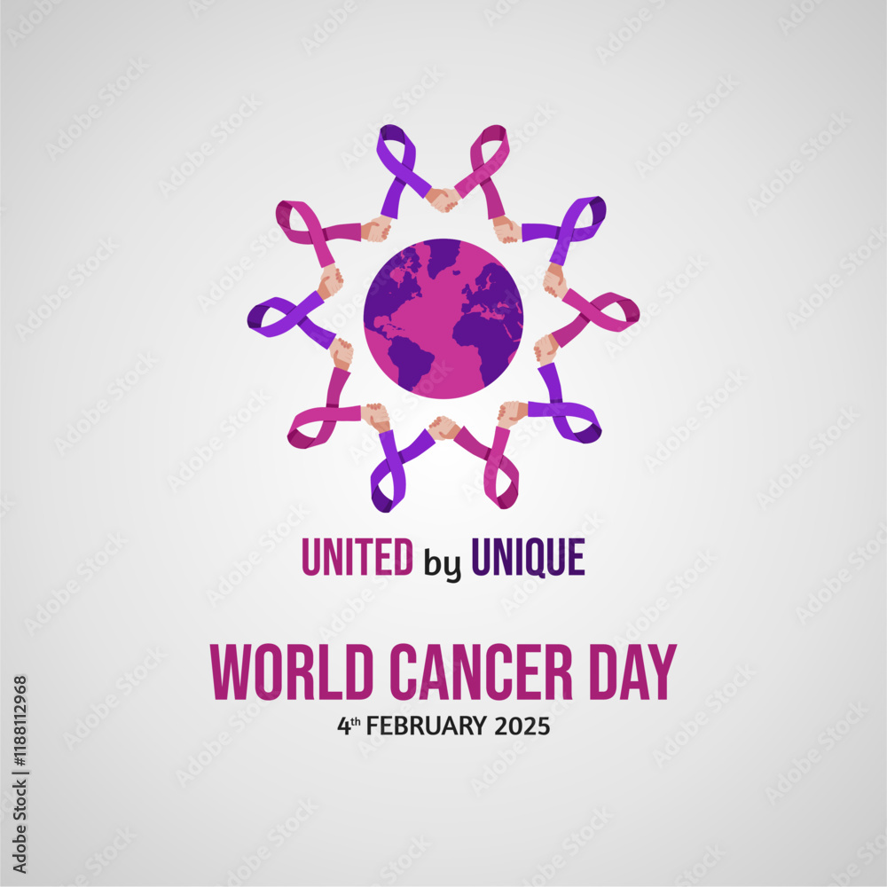 Fototapeta premium Pink Purple World Cancer Day 4th February 2025 Concept Design with Shaking Hand Ribbon Holding World Illustration. World Cancer Day 2025 Vector Illustration.
