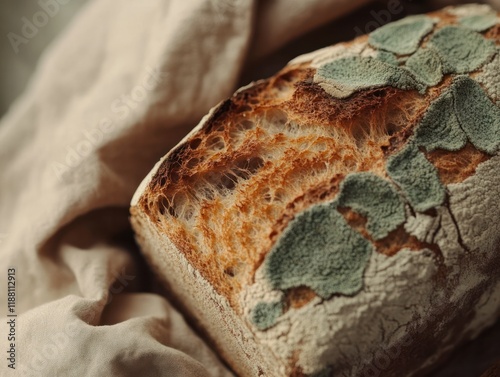Decay and renewal moldy bread textures kitchen setting food photography close-up view intricate fungal patterns
