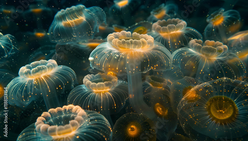 Photo - Bioluminescent Jellyfish Bloom, Ocean Wildlife, Deep Sea