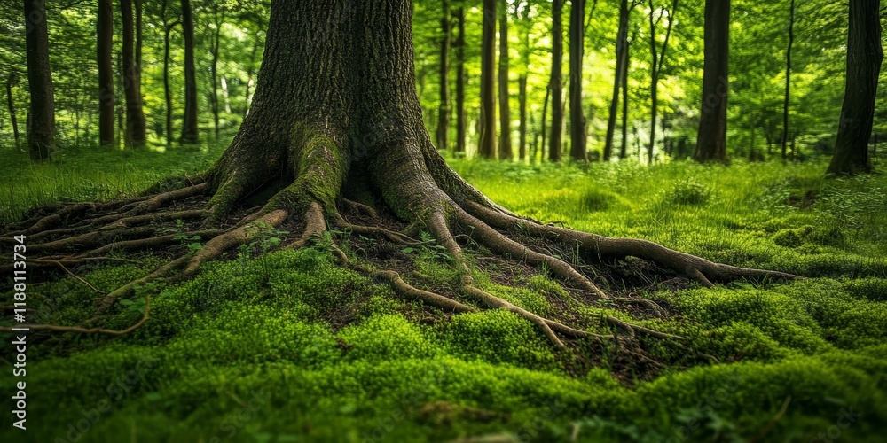 Fototapeta premium In a forest setting, there is vibrant, lush green grass covering the ground, with tree roots visibly protruding from the earth. The scene highlights both greenery and rooting.