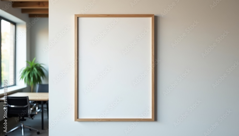A plain blank poster frame mounted on the wall in a collaborative workspace. A plain blank poster frame mounted on the wall in a collaborative workspace.