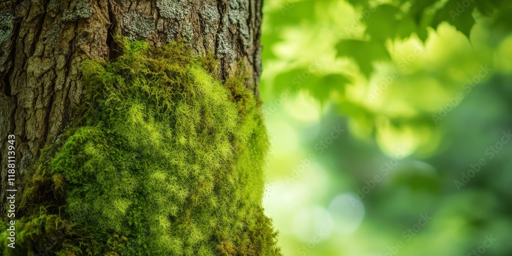 Obraz premium A tree trunk covered in soft, fuzzy moss creates a vibrant green appearance, enveloping the trunk in a rich, natural layer of greenery.
