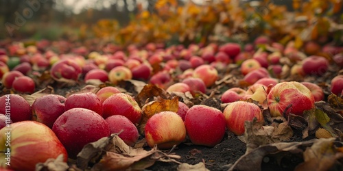 Overripe fruits that have fallen to the ground are not in ideal condition and are typically destined for processing. Ripe fruits, such as red apples, illustrate a fall harvest scene in orchards.