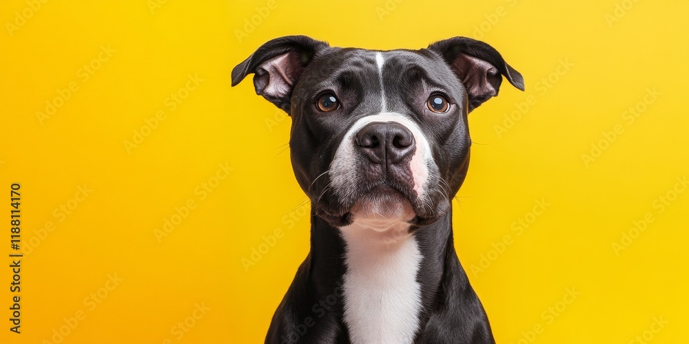 Portrait of an American Staffordshire Terrier against a vibrant yellow background, showcasing the unique characteristics and beauty of the American Staffordshire Terrier breed. Portrait of an American Staffordshire Terrier against a vibrant yellow background, showcasing the unique characteristics and beauty of the American Staffordshire Terrier breed.