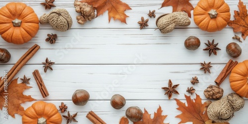 Autumn greeting card flat lay featuring pumpkins, anise, cinnamon, acorns, nuts, and autumn leaves on white wood, perfect for an autumn themed Thanksgiving celebration. Autumn vibes included. photo