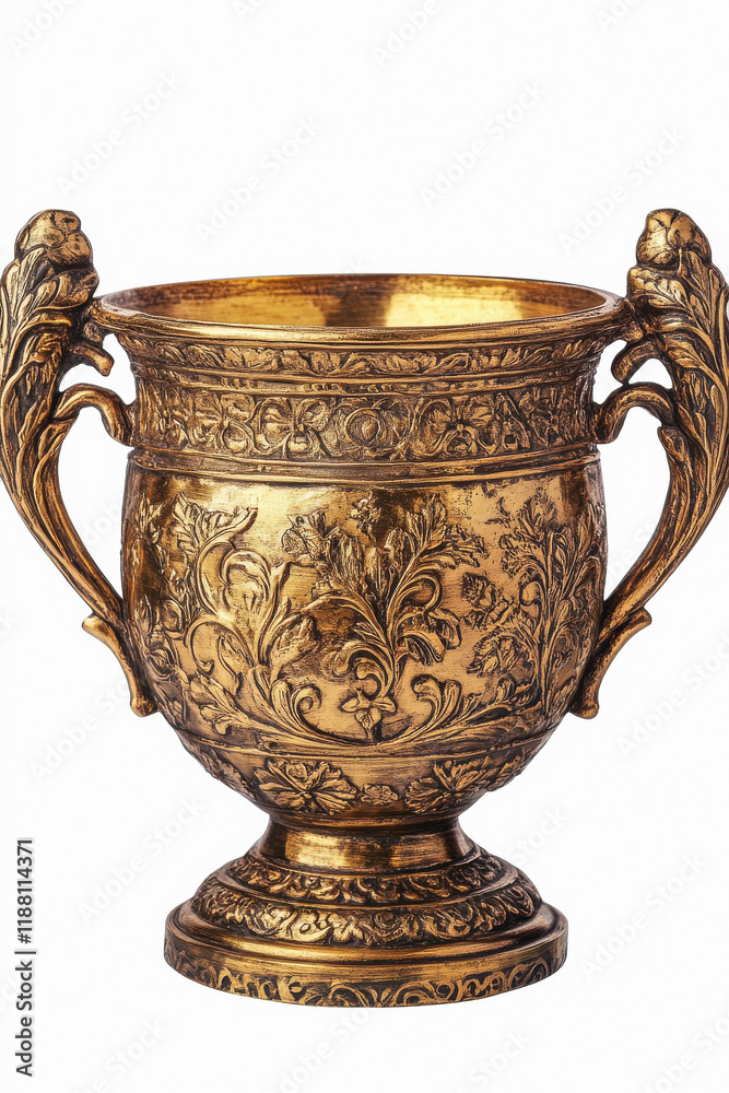 A metallic gold trophy cup with engraved handles, isolated on white background. A metallic gold trophy cup with engraved handles, isolated on white background.