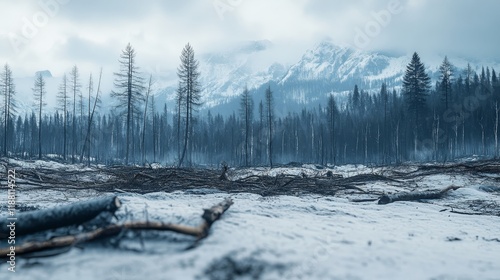 Winter scenery features snow and ice, with mountains in the background and a forest of burned down trees out of focus, showcasing the stark beauty of winter s landscape with grainy texture. photo