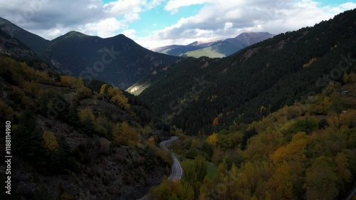 Mountain road in fall somewhere in the pountains of the Pyrenees, Andorra. High quality 4k drone footage photo