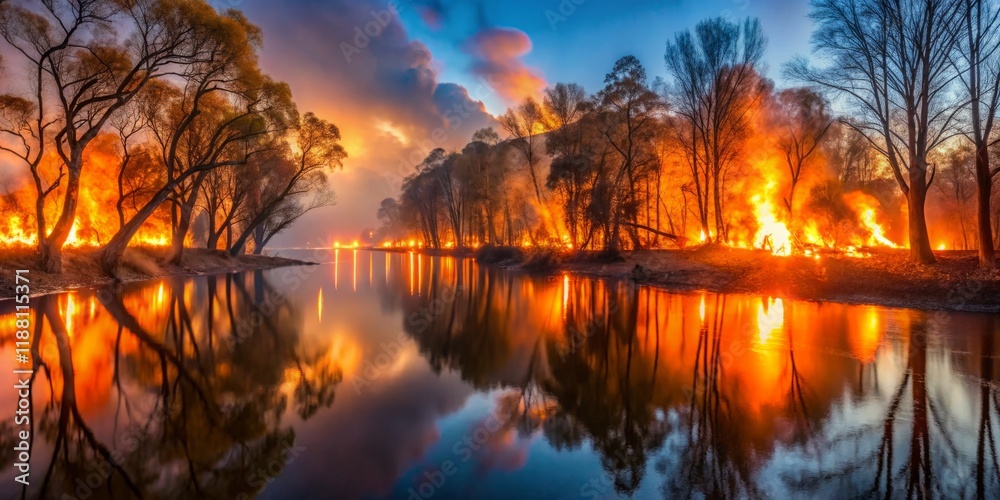 Majestic Landscape with Fiery Forest and Calm River Majestic Landscape with Fiery Forest and Calm River