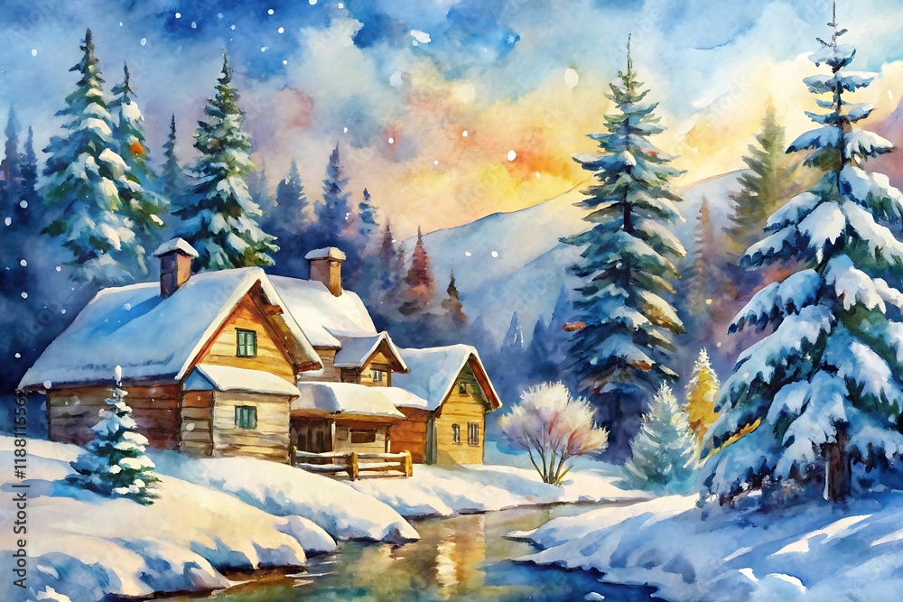 Naklejka premium Painting of a snowy landscape with a house and a river. Watercolor