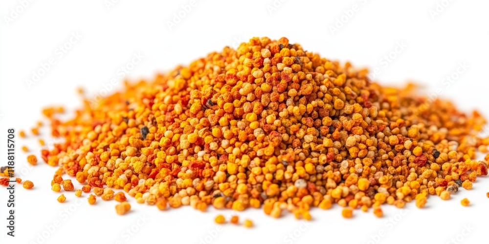 Heap of natural bee pollen isolated on a white background, showcasing the organic qualities of bee pollen with a selective focus on its texture and color. Natural bee pollen is known for its health Heap of natural bee pollen isolated on a white background, showcasing the organic qualities of bee pollen with a selective focus on its texture and color. Natural bee pollen is known for its health