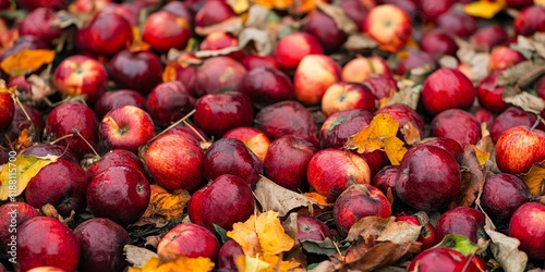 Overripe fruits that have fallen to the ground are not in ideal condition and are typically destined for processing. Ripe fruits, such as red apples, illustrate a fall harvest scene in orchards.