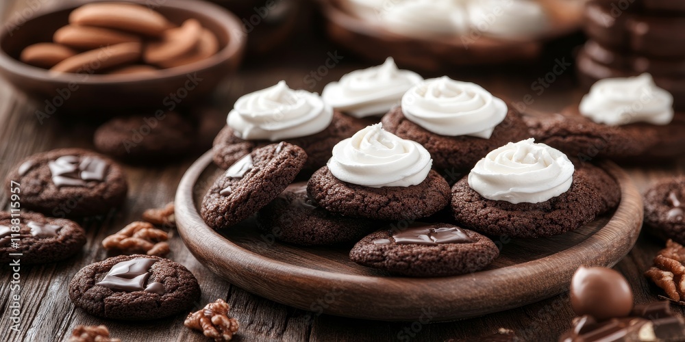 A delightful assortment of chocolate cookies topped with white frosting arranged on a rustic wooden table, perfect for any dessert lover who enjoys indulgent chocolate cookies. A delightful assortment of chocolate cookies topped with white frosting arranged on a rustic wooden table, perfect for any dessert lover who enjoys indulgent chocolate cookies.