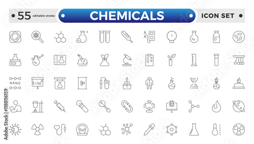 Chemicals outline icons - flask, lab tube, scientist, dropper, petri dish, beaker, experiment, education, biotechnology. Thin line art about laboratory research.  Editable stroke outline icon.
