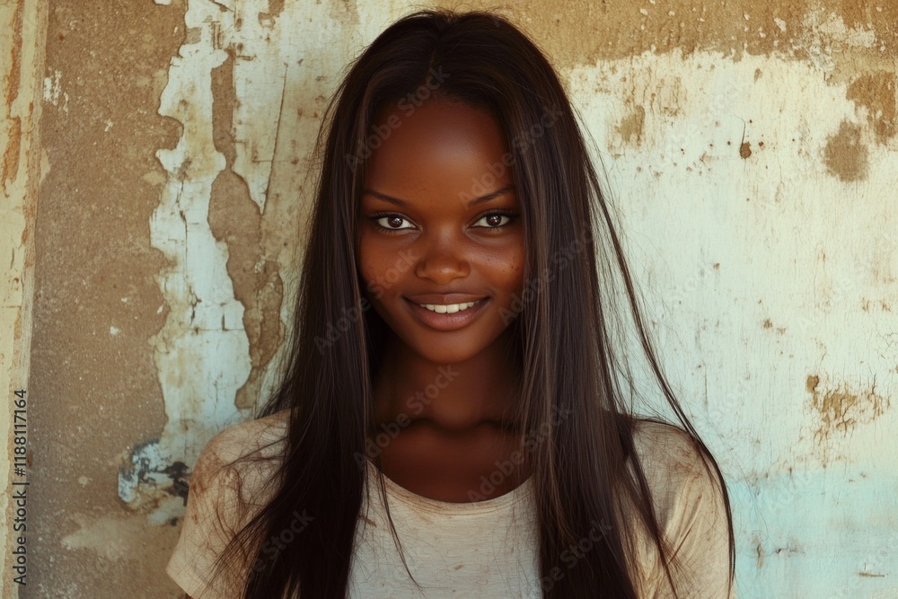 Fototapeta premium Commercial ad idea. Long haircut - straight hair. Lovely smiling black girl - for ads, brochure and social media use. Afro-american beauty portraits. Black model shoot. Elegant black woman.