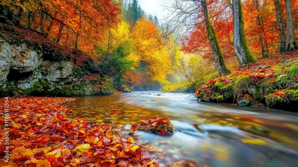 Naklejka premium Majestic Autumn Landscape with Colorful Foliage and Tranquil Stream