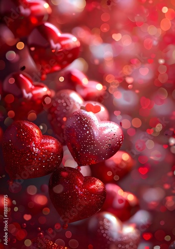 Red heart balloons, bokeh background, Valentine's Day, romantic. photo