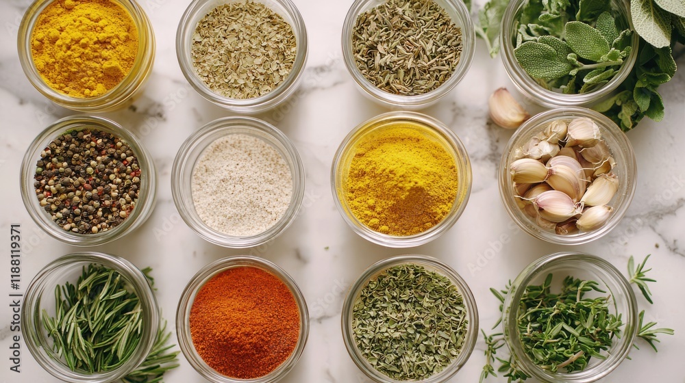 Colorful array of spices and herbs in glass jars on marble surface, showcasing vibrant colors and textures. Perfect for culinary inspiration and food photography Colorful array of spices and herbs in glass jars on marble surface, showcasing vibrant colors and textures. Perfect for culinary inspiration and food photography