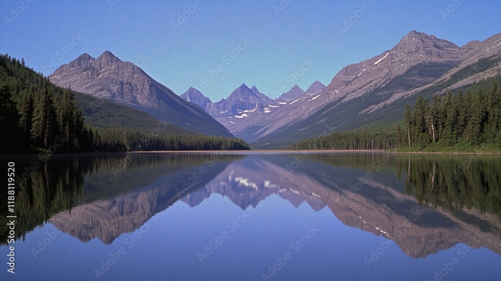 Clear blue skies above a calm lake with mountains in the distance, reflecting the landscape perfectly, evoking tranquility and peace. Clear blue skies above a calm lake with mountains in the distance, reflecting the landscape perfectly, evoking tranquility and peace.