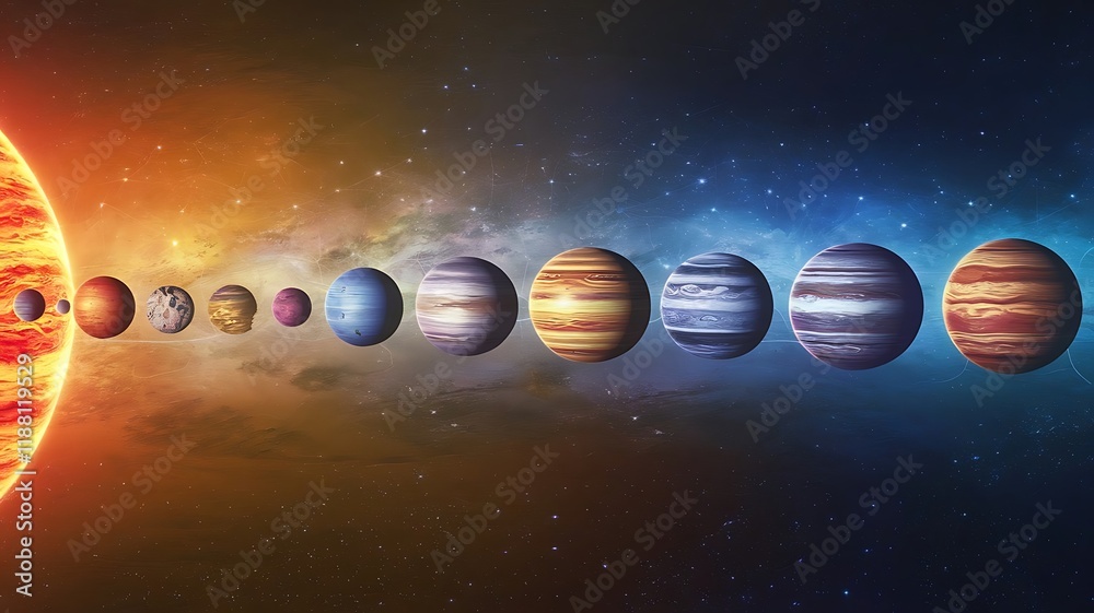Fototapeta premium Planetary Alignment on January 25, 2025 – Solar System Planets Align in a Straight Line, January 25 planetary event, solar system alignment, planets in a straight line