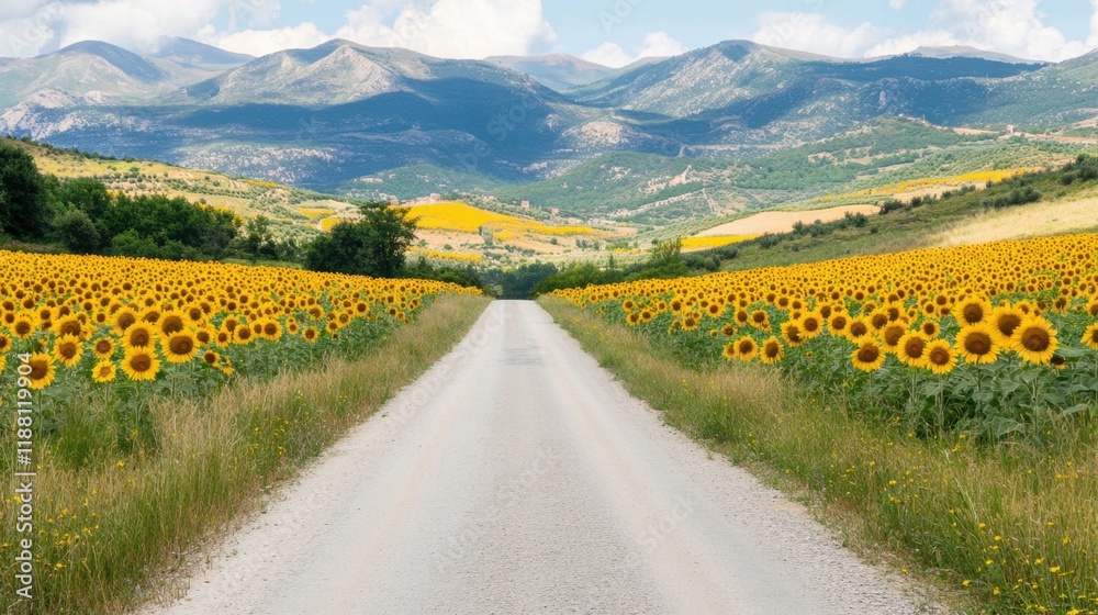Naklejka premium A scenic road through a sunflower field, with golden blooms stretching into the horizon