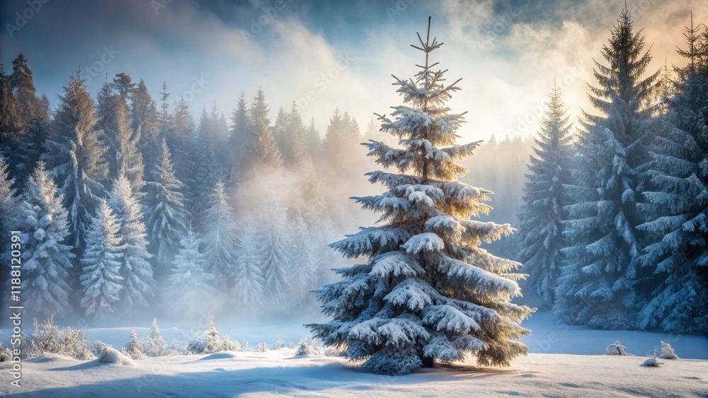 Naklejka premium Snow-covered fir tree in a serene forest landscape with misty atmosphere and bare branches, Icy, Piney