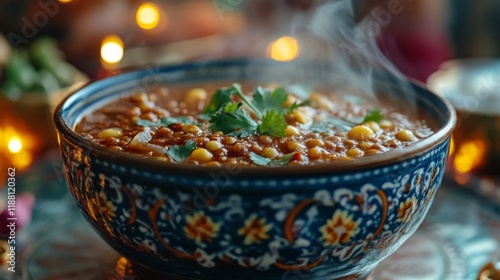 Steaming Bowl Of Spicy Lentil And Chickpea Curry photo