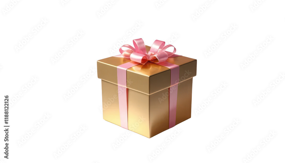 Obraz premium A single gold gift box with a pink ribbon, placed elegantly in the center of the frame, 