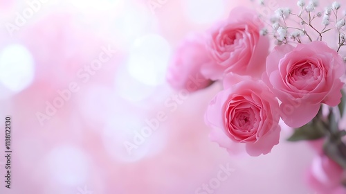 Pink roses bouquet, soft focus background, romantic setting, greeting card design