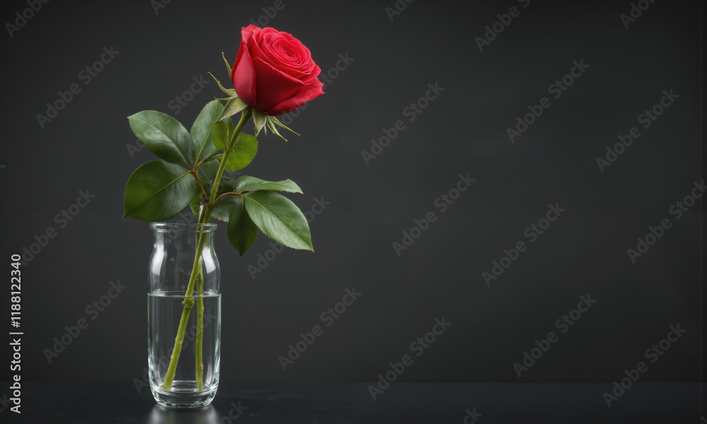Obraz premium A single long-stemmed red rose placed in a sleek glass vase with a reflective surface, capturing the deep green of