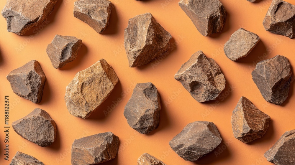 Cracked and weathered stones displayed on a faded orange background, showcasing natural imperfections Cracked and weathered stones displayed on a faded orange background, showcasing natural imperfections