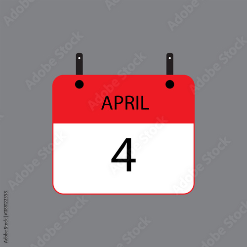 Calendar icon with April 4th date on grey background. Vector schedule symbol.