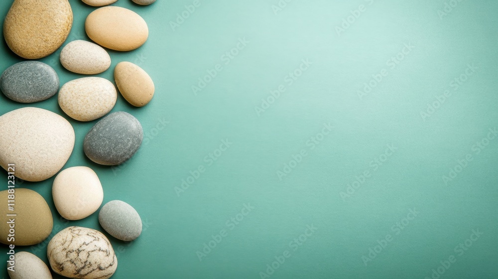 Pebbles in earthy tones placed randomly on a sage green background for a natural, organic feel Pebbles in earthy tones placed randomly on a sage green background for a natural, organic feel