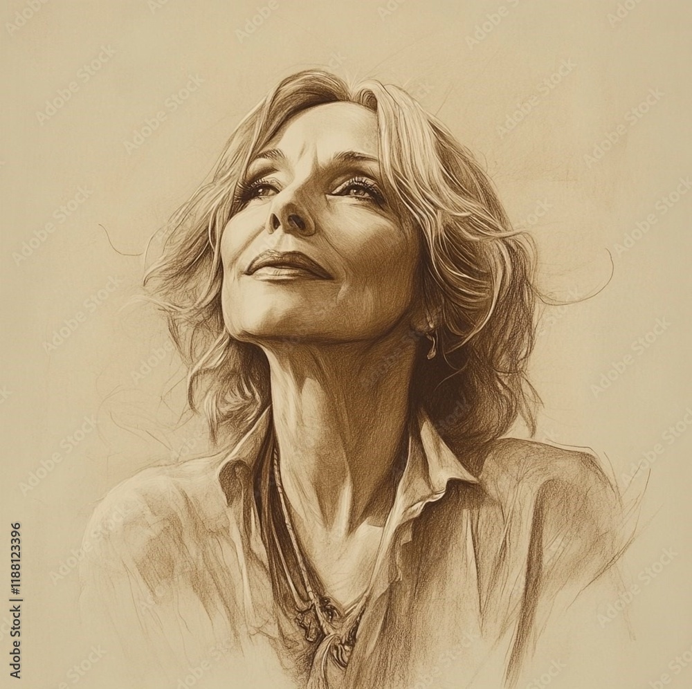 Ultracalistic drawing of a mature, still beautiful woman in sepia, exquisite elegance. Art session. Ultracalistic drawing of a mature, still beautiful woman in sepia, exquisite elegance. Art session.