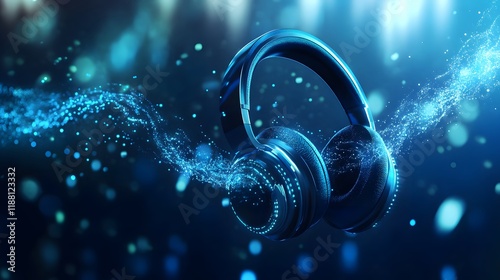 Floating 3D headphones emitting sound waves, 3D background music, futuristic and dynamic