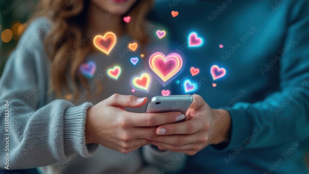 Couple sharing phone vivid heart icons glowing warmth connection relationships atmosphere cozy setting. Couple sharing phone vivid heart icons glowing warmth connection relationships atmosphere cozy setting.