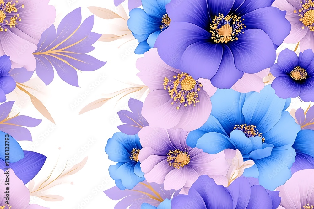Obraz premium Seamless abstract beautiful purple and blue magical flowers, Beautiful Seamless Abstract Floral Design in Purple and Blue