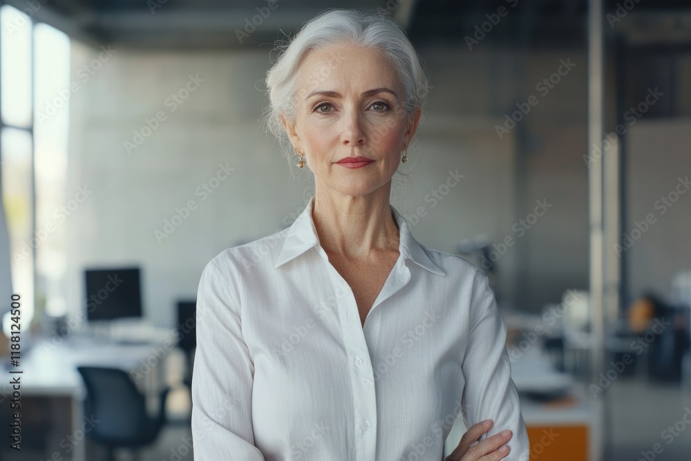 Stylish mature European woman in office setting.