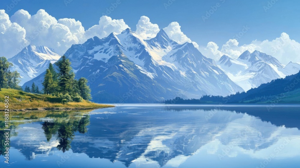 Naklejka premium Beautiful alpine landscape with lake and mountains reflected in water.