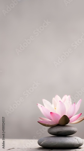 Serene pink lotus blossom atop balanced grey stones against a soft grey background; ideal for spa, wellness, or meditation promotion