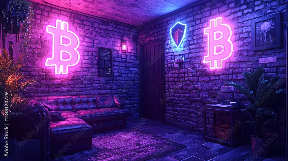 Obraz premium Experience an immersive crypto-themed escape room adventure in a neon lit environment filled with excitement