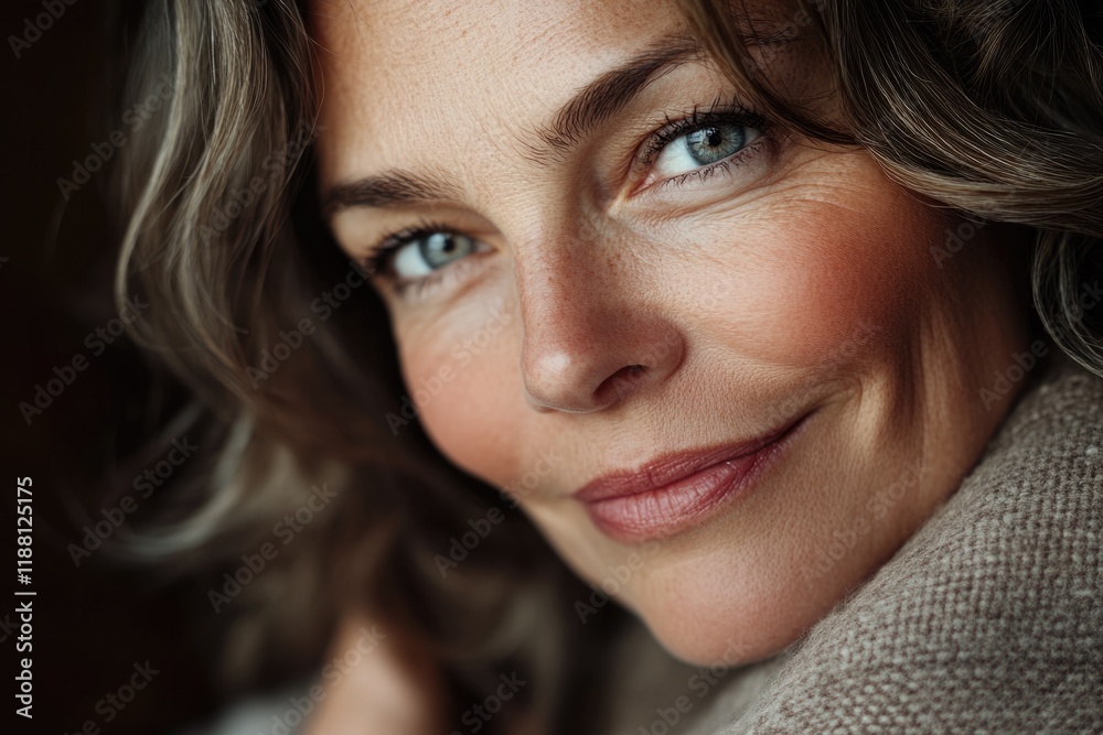 Middle aged woman looking at camera with happy smile