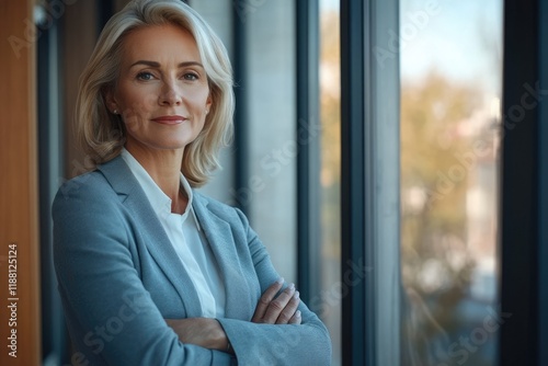 Free Download Mature Businesswoman Standing By Office Window - GFXLoad