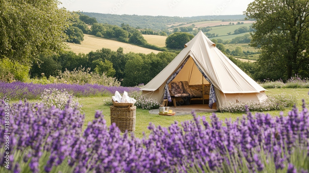 Rustic tent setup in a field of lavender, surrounded by fragrant flowers and a picnic basket.