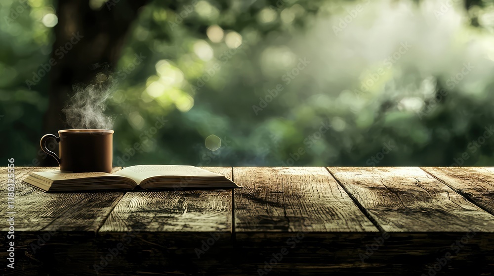 Fototapeta premium Cozy Coffee and Open Book on Rustic Wooden Table in Nature
